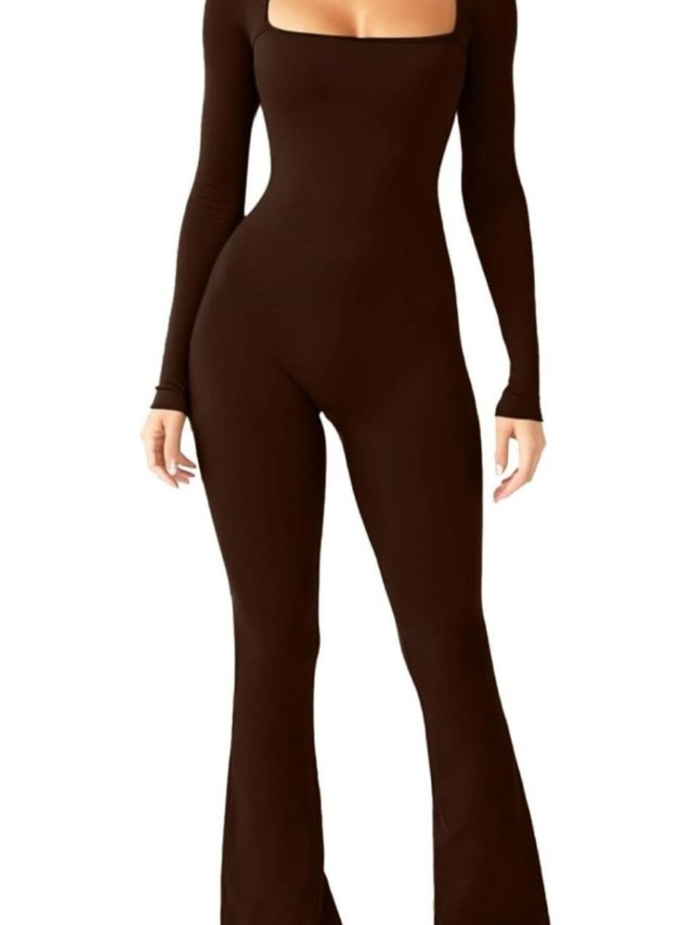 Women's Square Neck Wide Leg Full Length Jumpsuit – Dark Brown, Size L